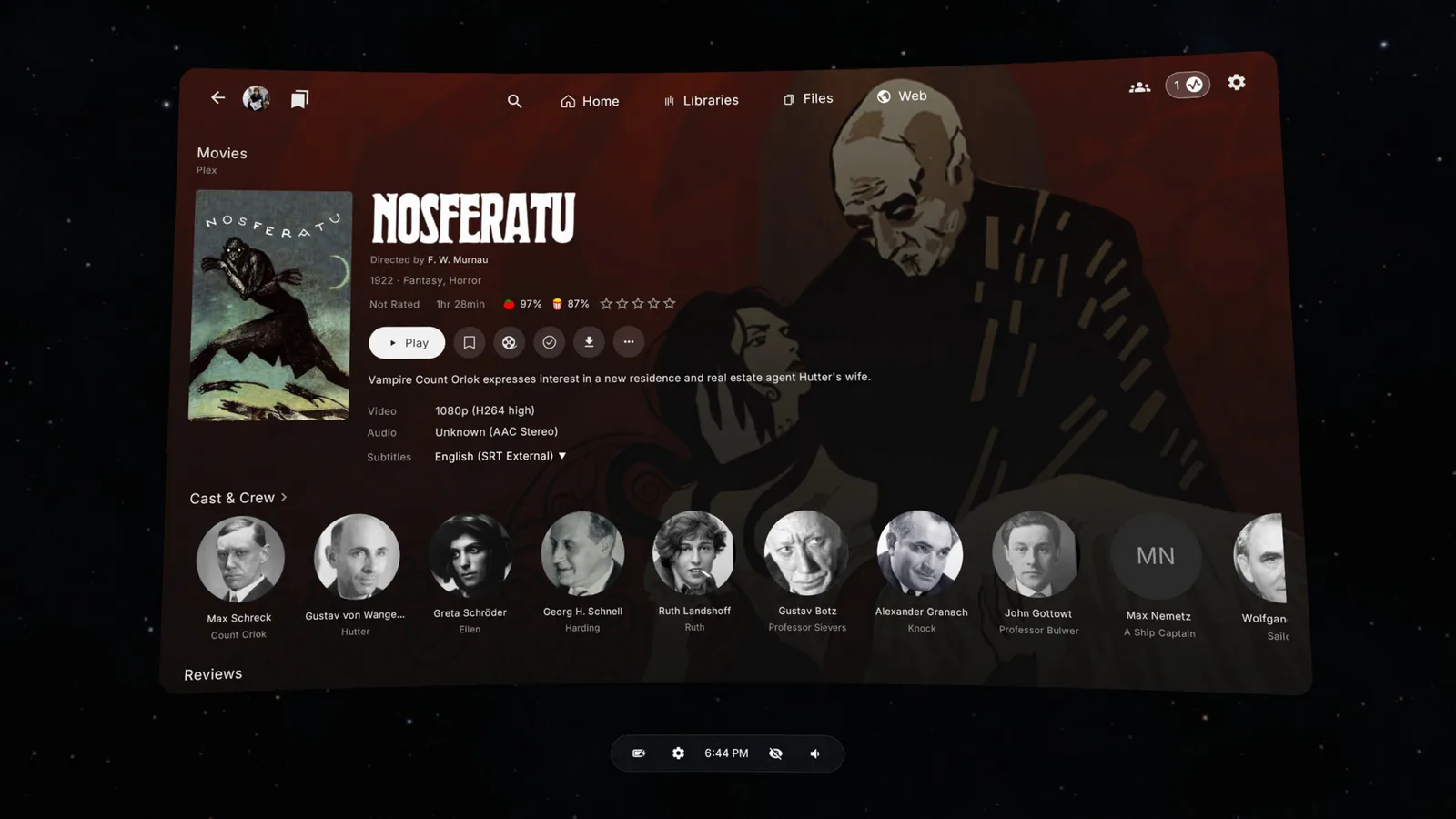 A detail page for the film Nosferatu showing artwork, synopsis and a cast & crew row