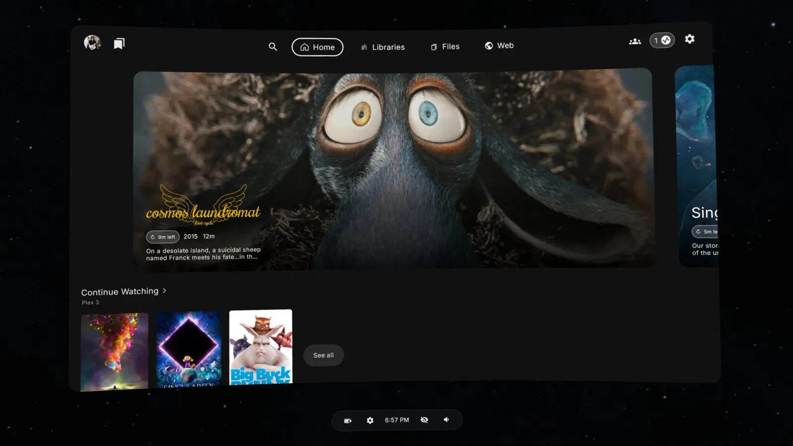 The koko home screen showing a featured film hero and a Continue Watching row