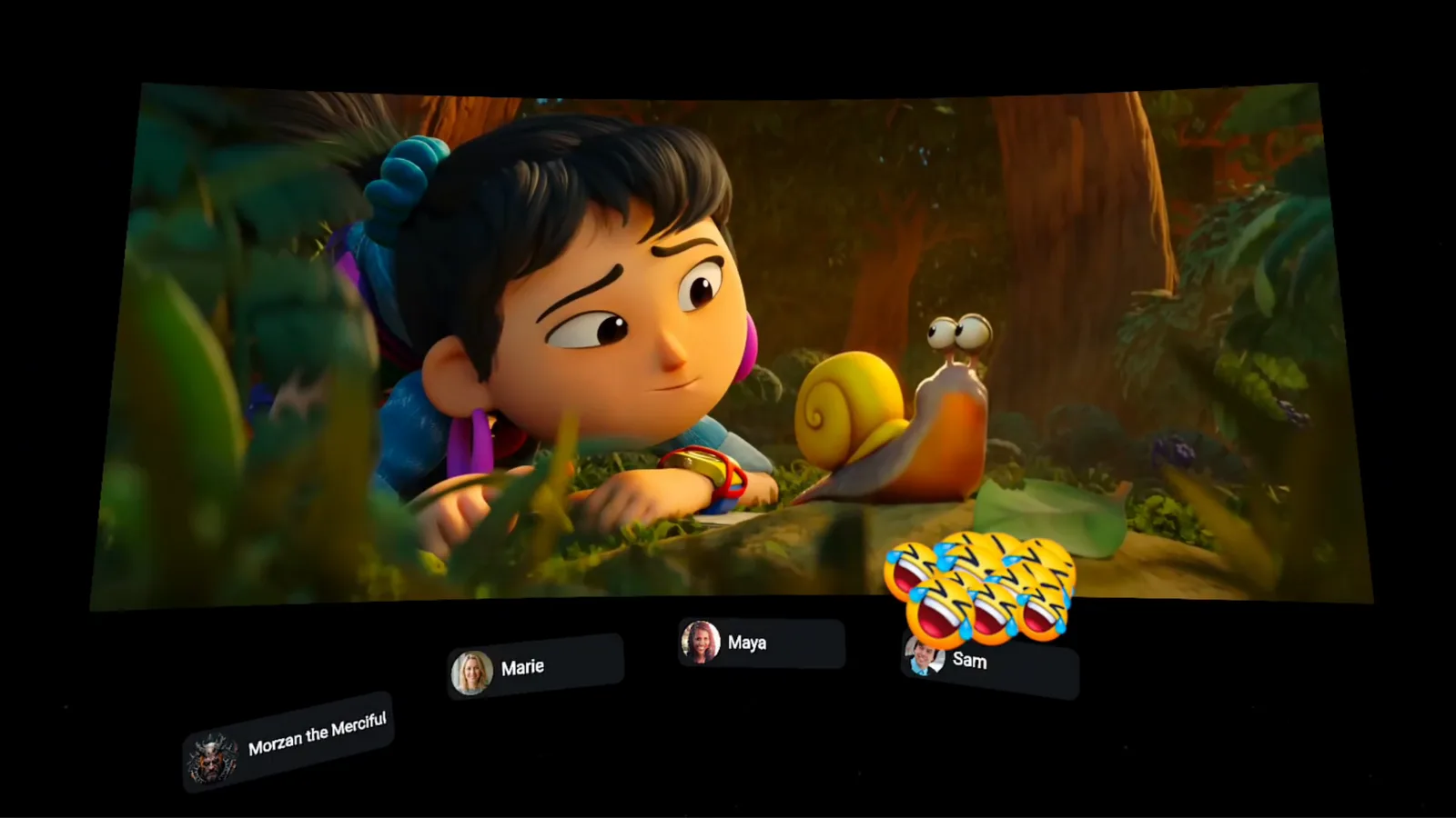 A Watch Together session on a curved screen with floating friend name plates and emoji reactions